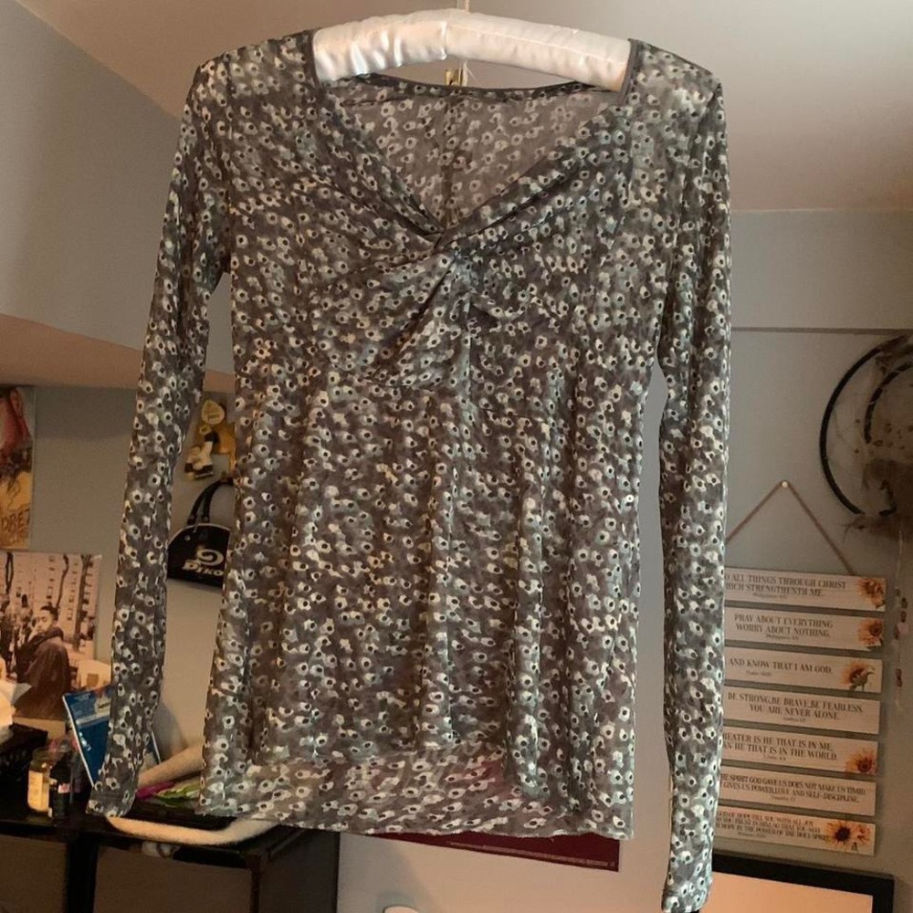 Y2K Sandwich Semi Sheer Mesh Grey Blue Floral Long Sleeve Top